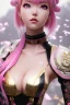 Placeholder: DetailedCute anime Kunoichi girl, pink hair buns, pink bangs, black latex bodysuit, intricate details, full body portrait, slight smile, black Japanese motif, windy, concept art, highly detailed, digital painting, artstation, concept art, sharp focus, illustration, art by WLOP and greg rutkowski and alphonse mucha and artgerm and yanjun Chen and Junji ito and Makoto Shinkai