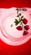 Placeholder: The image is a digital artwork that depicts a branch of red roses tangling in to a water in vase with aThe rose floats on the surfaces of the water, creating a wave-like effect. The background is red which makes a branch of a tree of red roses stand out even more. Water droplets are scattered adding to the dreamy, ethereal quality of the image. The a