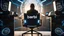 Placeholder: photo from a black producer chair siluette in a futuristic cybertech studio, around many monitors and circle windows to the sky, the inscription capture word text on the back of the chair "Barbi", Professional photography, bokeh, natural and blue-white lighting, perfect shot, sharp focus, professional photo