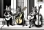 Placeholder: Group of three mature cats musicians, one cat playing guitar, one cat playing drums, one cat holding microphone and singing, singing, street, Vienna, smiling, sunny day, model style, hyper realistic, extremely accurate, delicate, extremely detailed, Graphic novel style, wide-angle, open aperture, superfine pencil