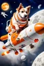 Placeholder: white and orange dog flies to the moon on top of the a rocket