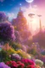 Placeholder: digital illustration, a world full of life divine thrill of biological tranquil sky, flowers, spaceship, , bright color splashes, high detailed 8 k