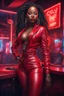 Placeholder: Create a digital airbrush of a black curvy female wearing a red leather suit with red heels. Prominent make up with brown eyes. Highly detail black shiny dread locs that flow down her back. Extra-long diamond hoop earrings and jewelry. Background of a night club with neon signs.