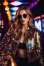 Placeholder: Real photography beautiful woman super model European on fashion style dressing luxury jacket diamonds patterns,sunglasses,turn on music DJ player in disco club