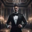 Placeholder: Hyper Realistic close-up-view-of-handsome-muscular-man-in-black-tuxedo dancing with a female-ghost inside a super-dark-fancy-hall-of-a-mansion with creepy flying-ghosts behind showing dramatic & cinematic ambiance