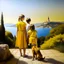 Placeholder: Neoclassicism realistic yellow cote d'azur landscape sea 2 childeren standing with dog