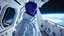 Placeholder: "Artistic photography (((FULL BODY from HEAD to FEET +profile))), enormous almond shape lighted crystal clear eyes, she is dressed in a white shiny jumpsuit she is a gorgeous smiling extra terrestrial woman with indigo purple blue skin with a high elongated skull like a magnum bottle, 40 y/o asian, she wears white snow boots, and she is outside on the deck of the space station in cosmos.