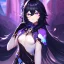 Placeholder: Clear focus,High resolution, Black long fluffy hair, and purple eyes, wearing a Genshin Impact Inspired Outfit,Detailed Clothes,A barely revealing, must wear a short skirt, Mad, eyes glowing purple, lighting in the bg, lighting coming from hand