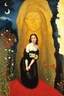 Placeholder: Night, one woman, flowers, vegetations, gothic horror films influence, creepy, depressive, gloomy, witch influence, arnold bocklin, and henry fuseli paintings