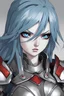 Placeholder: a beautiful woman wearing armor, looking at the camera, angry, blue eyes, blue hair, armor with gray and red colors, anime artstyle, close up, a bit of blood on his face, longe hair, furious expression, persona 2 artstyle