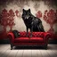 Placeholder: Hyper Realistic Dark Fancy Lounge with black wolf sitting on a Fancy Couch & Grungy Red Damask Texture on Rustic off-white Wall with peeling & vignette effect at night