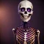 Placeholder: Smiling skeleton, photographer in studio. Big camera in hands. Photographic equipment, cameras, softboxes are in background. High detailed. Photorealistic. Scarry mood. volumetric lighting