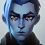 Placeholder: Portrait of a Humanoid Figure, Blue skin, Grey Brushed sideways spikey Hair, Scar on Right Eye, black Cloak, Hooks.