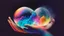 Placeholder: Chrystal ball to look into the future, hands around the ball, smoke appearing inside the ball, pink, dark blue, orange, yellow, aqua blue, very detailed and realistic, ilustration