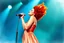Placeholder: full figure, red curly hair upswept gorgeous singer on a stage in front of a microphone, sleeveless rose gold shiny silk long dress, the dress goes down to bluish green, photorealistic watercolour
