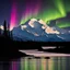 Placeholder: Denali mountain silhouette with bright aurora borealis in backround, with water