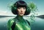 Placeholder: Depict an image of a thin, Hispanic woman featuring a black bob hairstyle, garbed in a uniquely designed android suit coloured green and silver. She gazes at a peculiar sight - dandelion heads that possess octopus-like tentacles, floating in the air. In the backdrop, there unfolds an extra-terrestrial panorama of a glass-like lake encircled by tall, slim cloud-like trees that seem mostly alien in their existence.