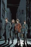 Placeholder: Design a detective book cover for teenagers. Three teenage detectives wear modern cloaths and black cat in the centre, one boy on her left, the girl in the centre and one on her right are on the town street. Banksy style, modern comic book style, mysterious atmosphere,