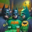 Placeholder: An oil painting of a dark universe masonic sad drunk batman cosplay convention, green batman, orange batman, cyan batman, white batman. Fish eye lense.