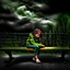Placeholder: girl sitting on a bench. Stormy