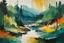 Placeholder: an abstract, dramatic, painting of a lush Pacific Northwest forested, rock strewn, river valley landscape, in the imagery-stain painting style of Helen Frankenthaler, rich natural colors, museum quality masterpiece