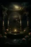 Placeholder: magical overgrown secret garden, roses, ivy, fountain, twilight, moon, stars dark tones, warm tones