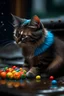 Placeholder: a cat in the rain eating candy
