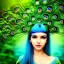 Placeholder: sourceress girl, beautiful, cute, intricate plants in the hair, blue bird fly, peacock skin, misterious smile, like an elf, tiled, sun ray, high definition, cinematic, rendering