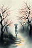 Placeholder: white and gold, Alone woman walking through a windy misty magic cherry-trees garden with umbrella in the serene atmosphere. Sumi-e influence delicate strokes, tranquil garden setting, contemplative ambiance, abstract and evocative, soft yet defined details, deep rich colors, magic lighting,
