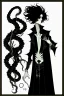 Placeholder: black haired young man necromancer wizard with gothic jewelry and tentacle fingers in the style of Aubrey Beardsley