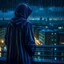 Placeholder: girl in a raincoat, watching the empty city, at midnight, dark grey colours, rainy, atmospheric, photo quality