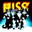 Placeholder: Four cats dressed as KISS band members, each with iconic black-and-white face paint and rock costumes, standing in a dramatic pose under the word 'HISS' in bold orange-yellow gradient letters with lightning bolt-style 'S', parody style, humorous and theatrical atmosphere, studio lighting, sharp details.