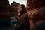 Placeholder: cinematic photography, turkmenistan woman, dutch angle shot, candid shot, hasselblad X1D, StarWars Boho organza velvet fashion,realisticpunk,matte colors,eclectic,in the ancient carved Petra ruins canyon at stormy sunrise, style raw