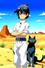 Placeholder: Meryl Stryfe Trigun young girl short black hair anime white clothes standing in the desert with a cat in her arms