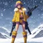 Placeholder: [illustration by Hajime Yatate] Faye Valentine, clad in her iconic outfit (a yellow short and a yellow crop top), stands in the snow of Callisto with furry boots. She points her trusty gun. Amidst the icy winds and swirling snowflakes, Faye's violet hair is an 80s update of the flapper Bob, reflecting the cold beauty of the alien world.