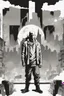 Placeholder: man, standing, silhouette, comic book,post-apocalypse, white background,