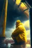 Placeholder: portrait of dead seafarer sitting in yellow raincoat on deck of enormous living wooden ship, storm clouds, lightening, volumetric light,depth of field, fantasy art, 4k, highly detailed, sunbeam