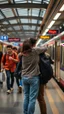 Placeholder: A man and a women hugging each other in the train station , people are rushing to the train