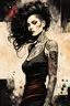 Placeholder: an abstract and serene lithographic illustration of a tattooed goth girl with highly detailed hair and facial features , finely drawn and inked, 4k, hyper detailed and vibrantly colored in the comic art style of Bill Sienkiewicz and Frank Miller