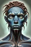 Placeholder: A young male water genasi with deep blue skin color, water shape like dreads on head.