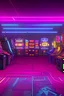 Placeholder: A dark photo of the corners of an 80's aesthetics arcade at night, with a lot of functioning arcade machines, a vaporwave floor and some colorful tiles in between the floor. Purple aesthetics.