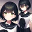 Placeholder: Clear focus, High resolution, fluffy black short hair, dark green eyes, wearing a black sailor uniform and pleated black skirt, fluffy hair, detailed outfit