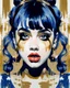 Placeholder: Poster in two gradually, a one side the Singer Danish MØ face, and other side the Singer Melanie Martinez face, symmetry, painting by Yoji Shinkawa, darkblue and gold tones,