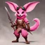 Placeholder: Create a cartoon illustration of a pink, furry creature with large ears and a long tail. The creature should be wearing a brown hat with goggles, a pink scarf, a pink jumpsuit, brown leather boots, and a brown leather belt with a pouch and a dagger. The creature should be standing with its right hand on its hip and its left hand holding a dagger. The creature should have a friendly expression on its face. The background should be white