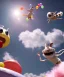 Placeholder: Ultra realistic speed clouds sky scene, wide angle view, childs falling down with many Childs background, rabbit head, inflatable monsters, circus dress style, feather color, free jumping flying, many trinkets, hair monster, many jelly beans, balls, color smoke, smile, happy, extreme, wind, clouds sea, 20,000 feet altitude, stratosphere, soft color, highly detailed, unreal engine 5, ray tracing, RTX, lumen lighting, ultra detail, volumetric lighting, 3d, finely drawn, high definition.