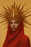 Placeholder: lady in red veils her face and has a large golden spiked crown, in the style of celestial fasion, otherworldly beauty, davide sorrenti, celestialpunk, album covers, fra angelico, aykut aydogdu, queencore, golden age aesthetics --s 750 --v 6. 0 --ar 10:13