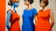 Placeholder: The image is a painting of three women standing side by side, facing each other. The woman on the left is wearing a blue dress, the woman in the middle is wearing a white dress, and the woman on the right is wearing an orange dress. All three women have short, straight hair and are looking to the side with serious expressions on their faces. The background is a light blue color and there is a green field in the lower right corner. The painting is done in a realist style, with bold brushstrokes a