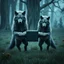 Placeholder: digital art two gray body hair anthropomorphic wolves together they carry a heavy anvil in their paws in a blue-green meadow, in the background trees with huge trunks rainy day, high contrast, high detail, atmospheric, dark fantasy, sci-fi atmosphere, cinematic