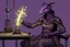 Placeholder: a black and purple, female argonian artificer who uses Tesla coils, skinny, wearing little armor and a robe, sitting in her lab