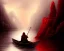 Placeholder: Charon the ferryman in his boat on the river Styx, red black purple colours, 8k, high definition, fantasy art, winding river, sharp jagged rocks, high contrast colours, sharp detail,